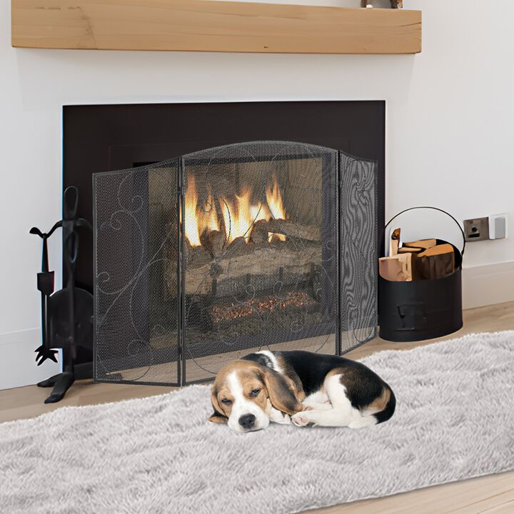 Vintage Iron Fireplace Screen with 3 Folding Panels, Mesh Spark Guard for Indoor Hearth-Black