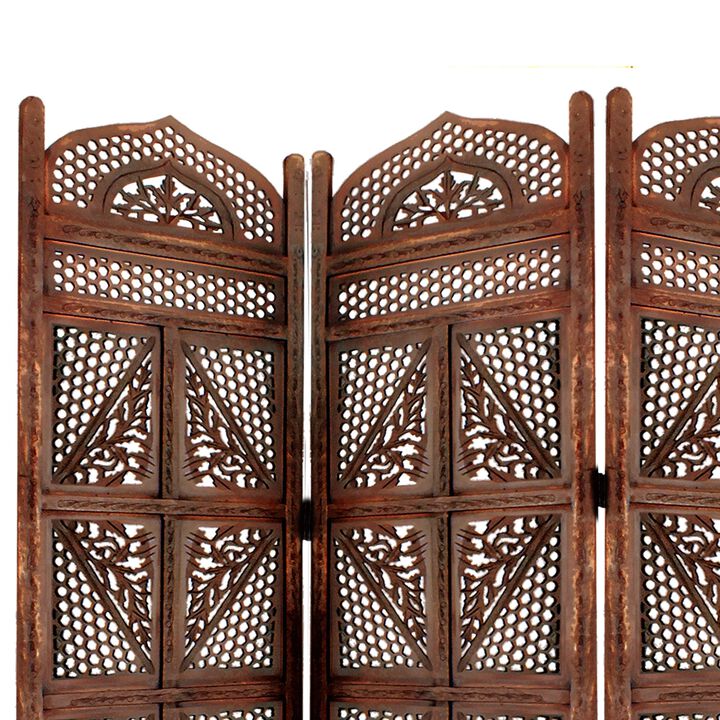 Traditional Four Panel Wooden Room Divider with Hand Carved Details, Antique Brown-Benzara