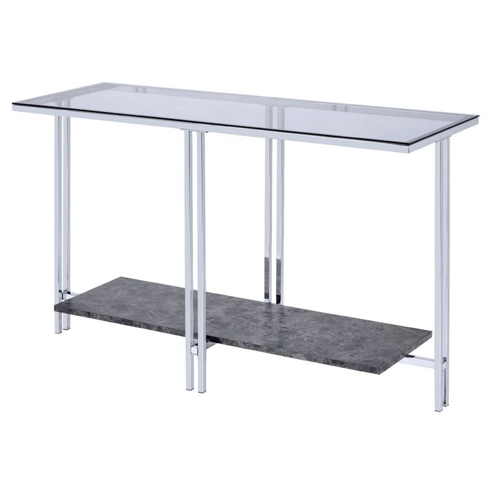 Glass Top Metal Sofa Table with Marble Bottom shelf, Silver and Clear-Benzara