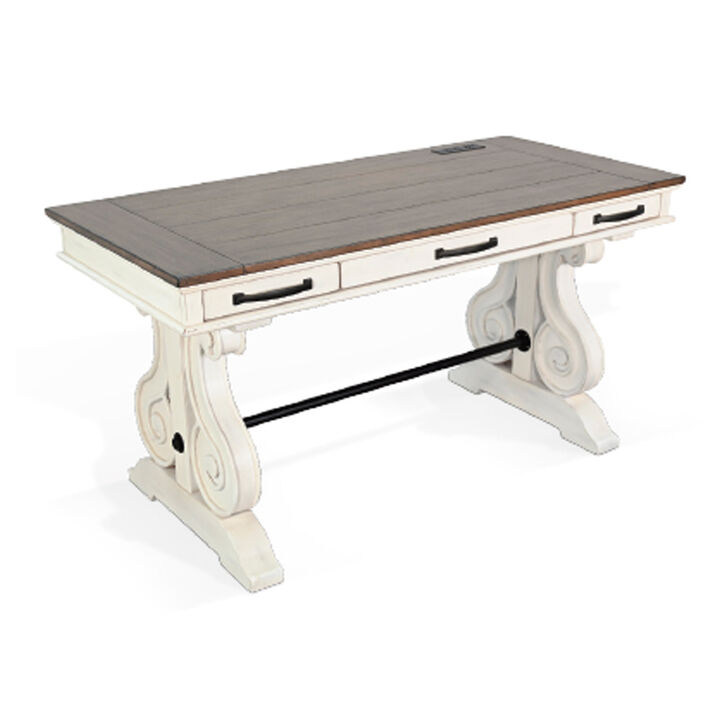 Fenil Writing Desk with Power Strip and 3 Drawer, White Mindi Mahogany