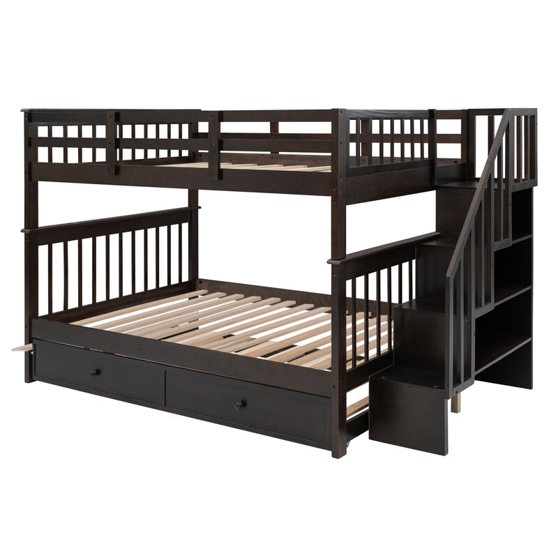 Stairway Full-Over-Full Bunk Bed with Twin size Trundle, Storage and Guard Rail for Bedroom, Dorm - Gray