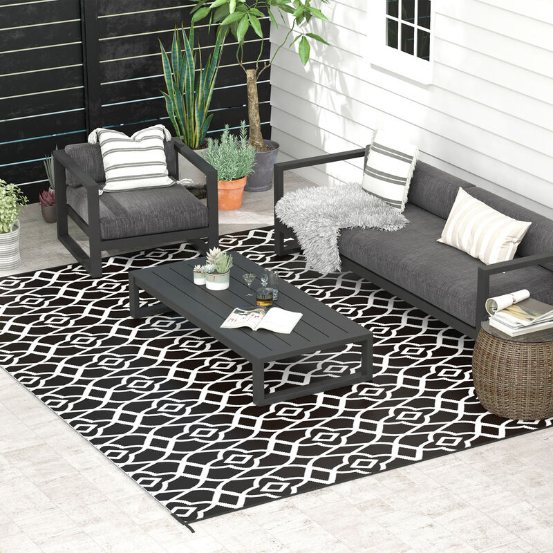 Outsunny Outdoor Rug w/ Carry Bag, 9' x 12' Plastic Straw Rug, Black White