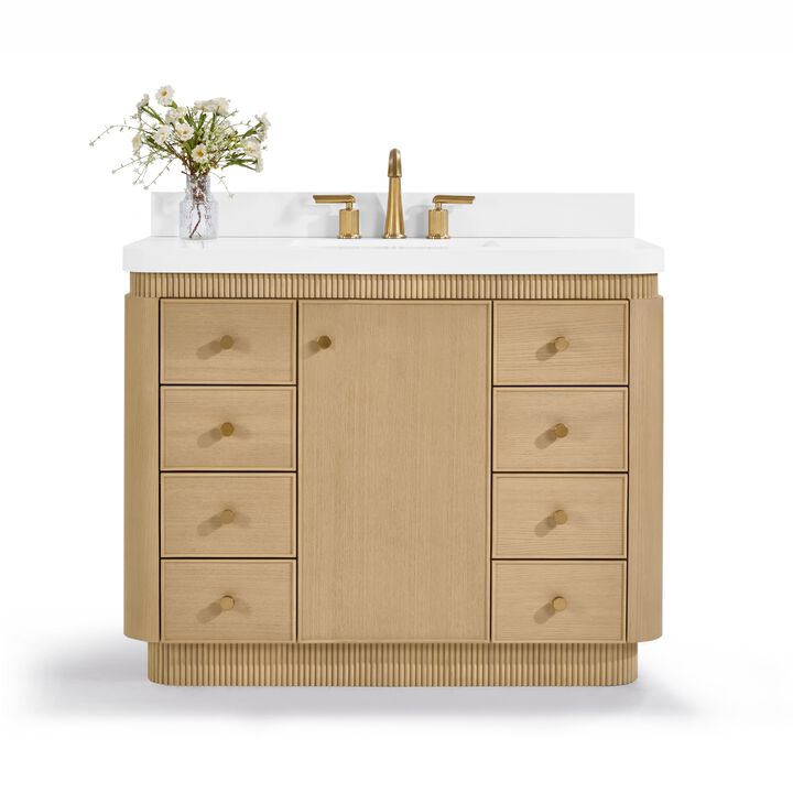 Aston 42 inch Bath Vanity Set in American Oak Finish with Alpine White Quartz Top