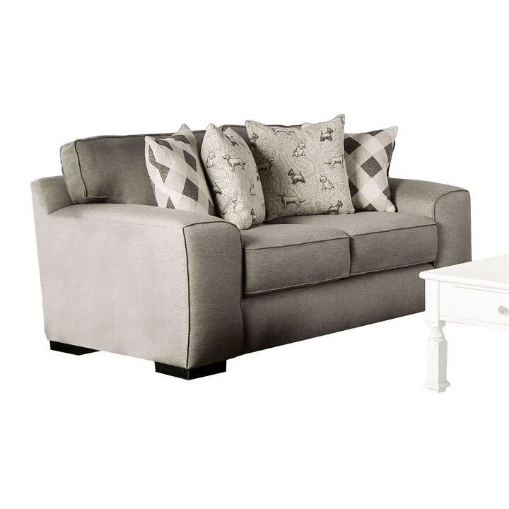 Edison Loveseat, Gray Fabric, 4 Throw Pillows, Track Arms, 75 Inch - Benzara - Benzara
