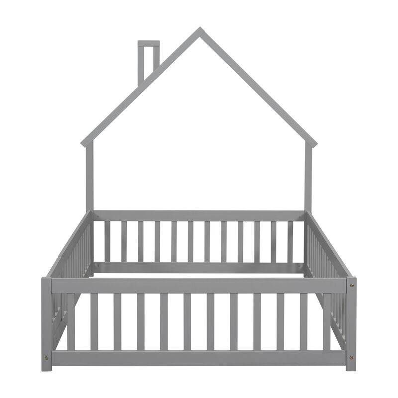 Whisen Full House-Shaped Headboard Floor Bed with Fence-White