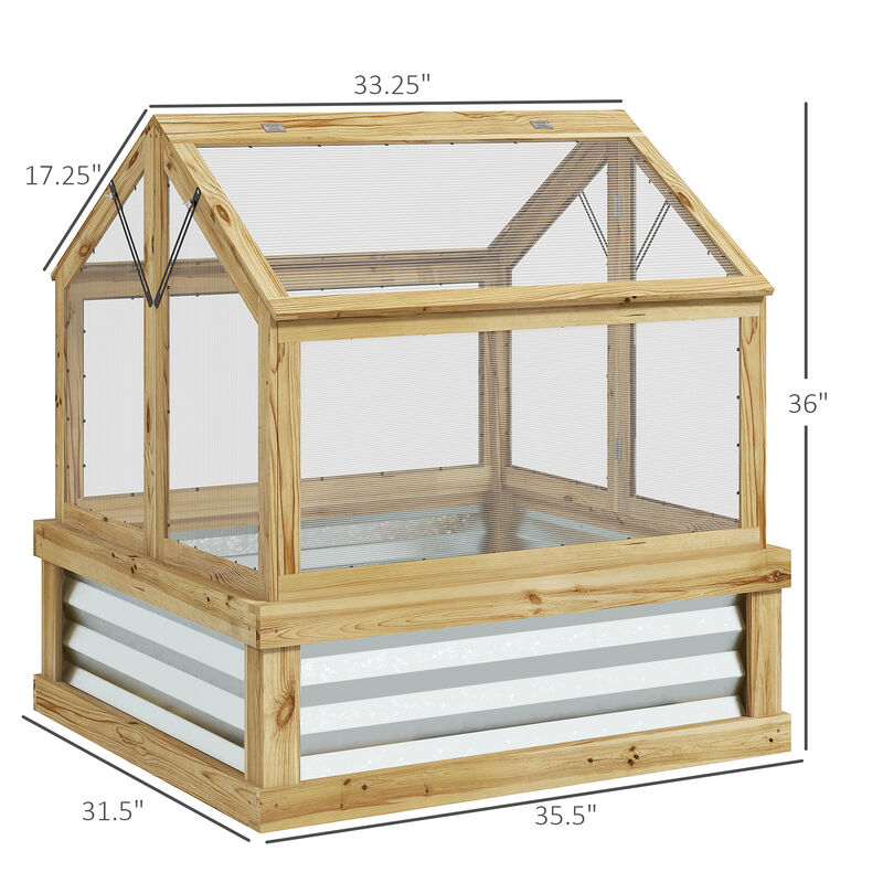 Outsunny Raised Garden Bed with Polycarbonate Greenhouse, Wooden Cold Frame Greenhouse, Garden Flower Planter Protection, Peak Roof, 35.5" x 31.5" x 36", Natural