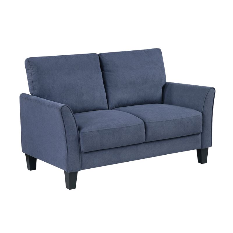 Xumo Loveseat, Blue Fabric, 56 Inch, Black Tapered Wood Legs - Benzara