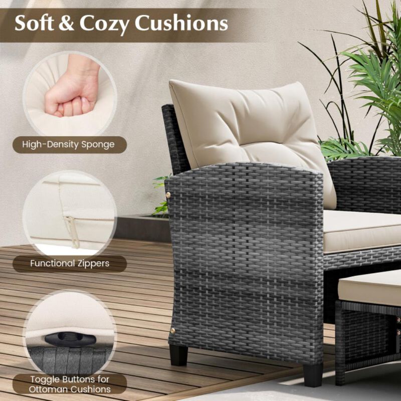 5 Piece Patio Rattan Furniture with 2 Ottomans and Tempered Glass Coffee Table image number 7