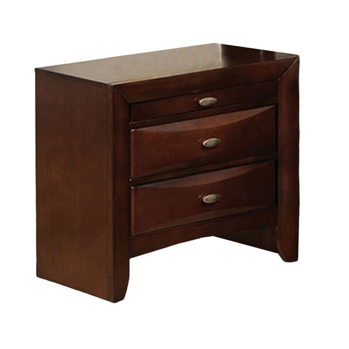 Simo Nightstand, Spacious Top, Nickel, 3 Drawers, Cherry Brown Solid Wood - Benzara