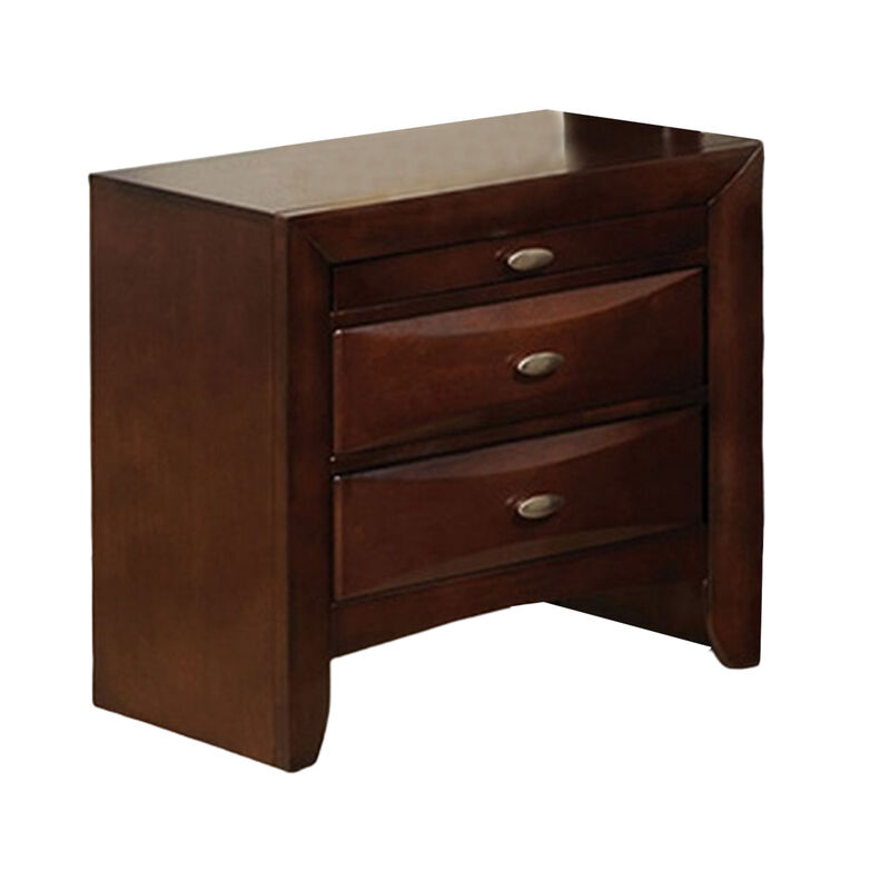 Simo Nightstand, Spacious Top, Nickel, 3 Drawers, Cherry Brown Solid Wood - Benzara