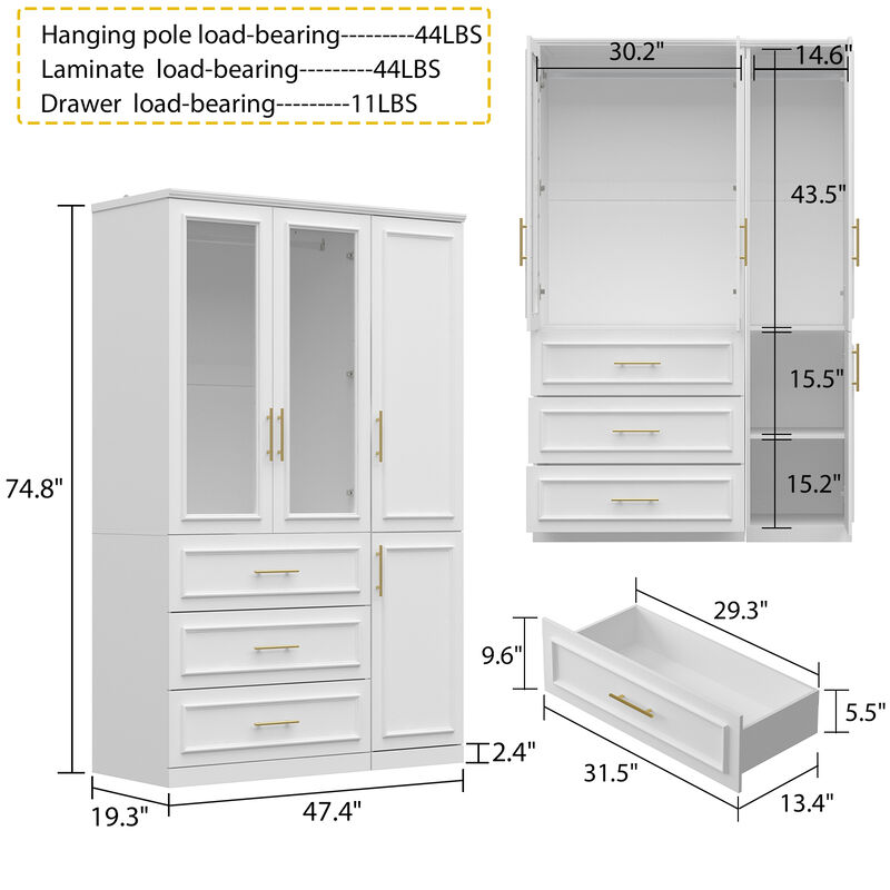 FUFU&GAGA White Wardrobe with 4 Doors, 3 Drawers, 2 Hanging Rods, and Adjustable Shelves – Stylish and Functional Bedroom Storage Solution (47.4" W x 19.3" D x 74.8" H),White