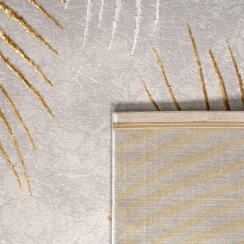 Modern Rug with Textured Palm Leaves in Cream Gold