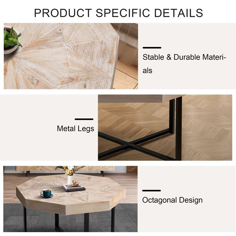 Clihome Wood Octagonal Vintage Patchwork Craft Farmhouse 30 Inch Wooden Table Top  Cross Metal Legs Coffee Table for Living Room image number 4