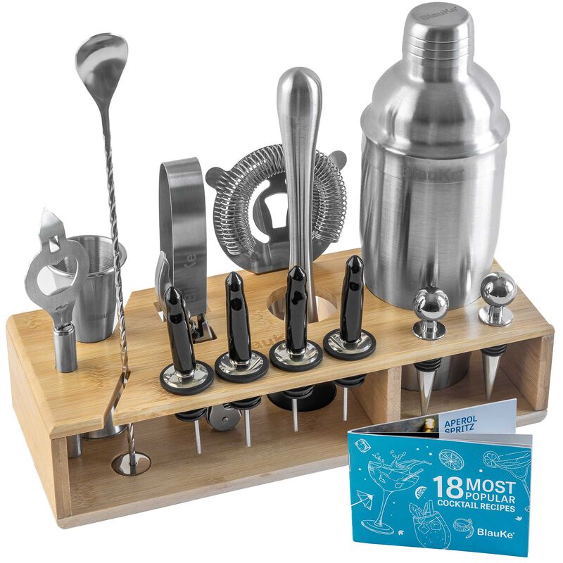 Stainless Steel Cocktail Shaker Set with Stand - 17-Piece Mixology Bartender Kit, Bar Set - 25oz Martini Shaker, Jigger, Strainer, Muddler, Mixing Spoon