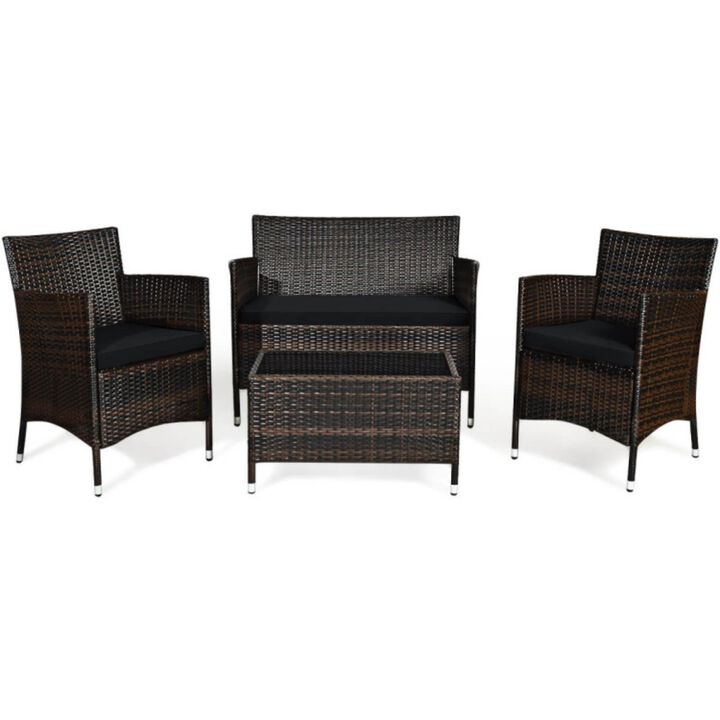 Hivvago 4 Pieces Comfortable Outdoor Rattan Sofa Set with Glass Coffee Table