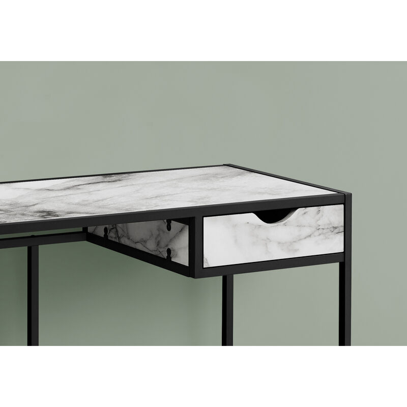 Monarch Specialties I 7571 Computer Desk, Home Office, Laptop, Storage Drawer, 42"L, Work, Metal, Laminate, White Marble Look, Black, Contemporary, Modern
