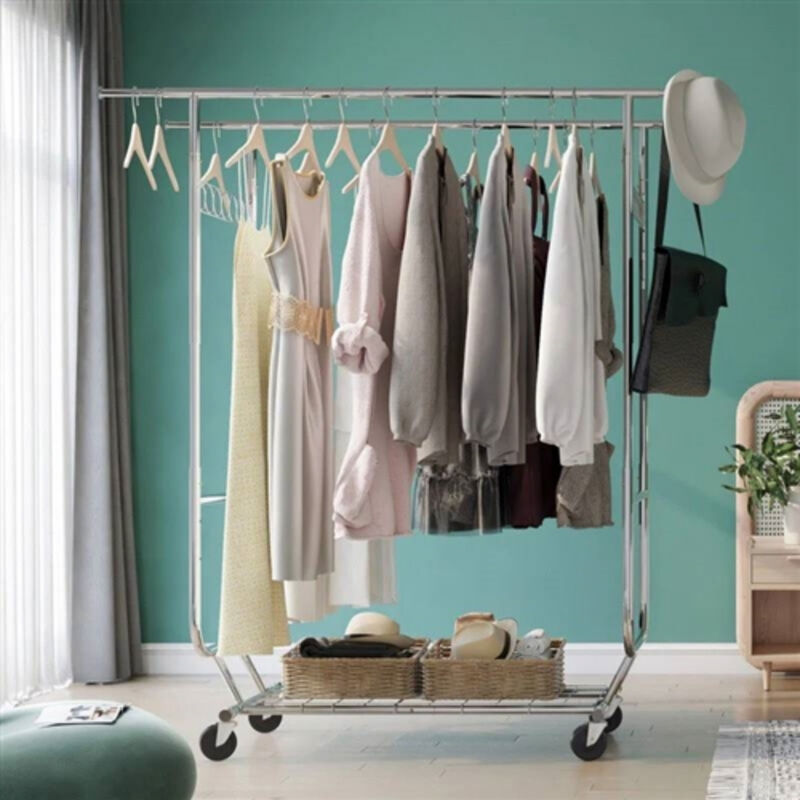 Heavy Duty Double Bar Clothes Garment Rack on Wheels with 600 lbs Capacity