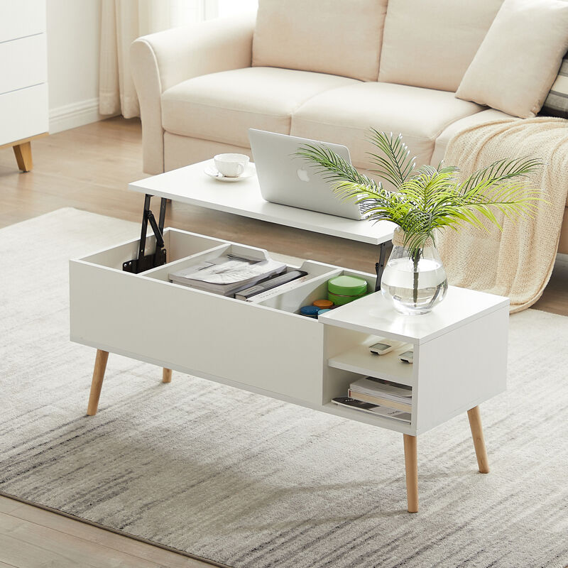 Coffee table, computer table, white, solid wood leg rest, large storage space, can be raised and lowered desktop