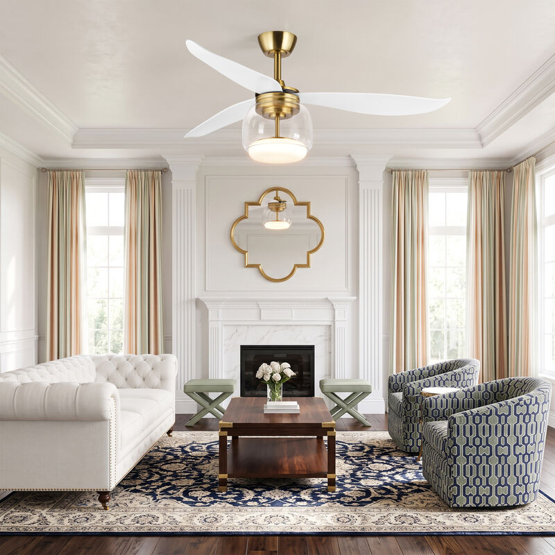 52" Modern Antique Brass Clear Glass Reversible DC Dimmable Ceiling Fan with Light and Remote image number 3