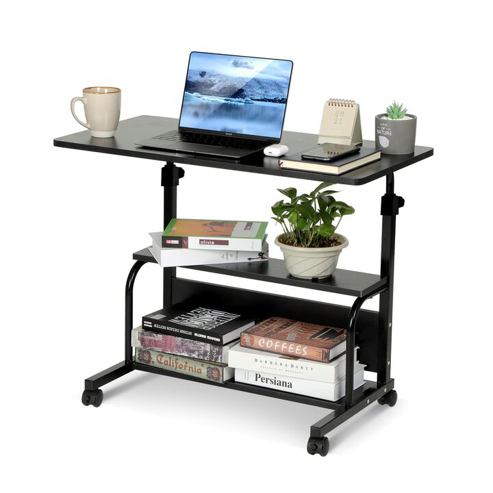 QZMDSM Portable Rolling Desk on Wheels Adjustable Height Desks for Small Spaces, 32 Computer Desk with Storage Shelves for Hom