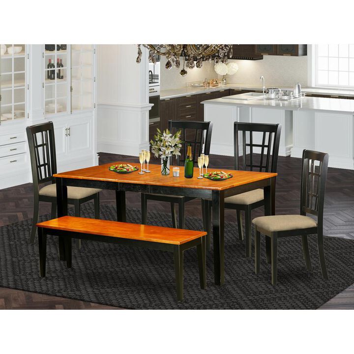 6 PC Kitchen Table set-Dining Table and 4 Dining Chairs plus a bench in Black