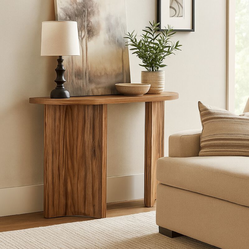 Anny Sofa Console Table, Curved Plinth Base, 52 Inch Brown Oak Wood
