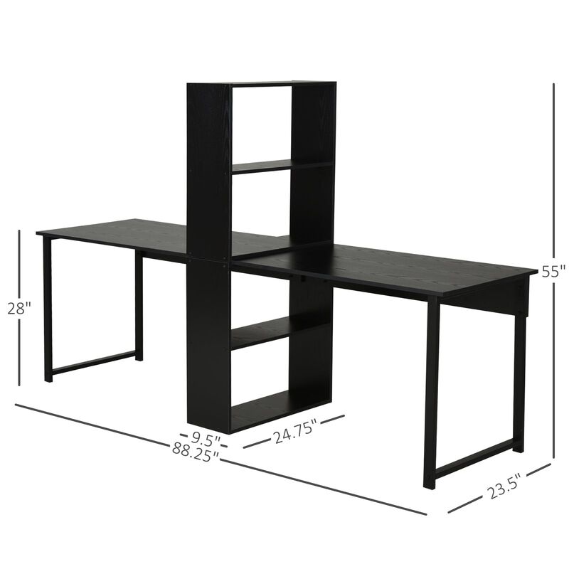 Black Shared Workspace: Extra Long 2-Person Desk with Bookshelf