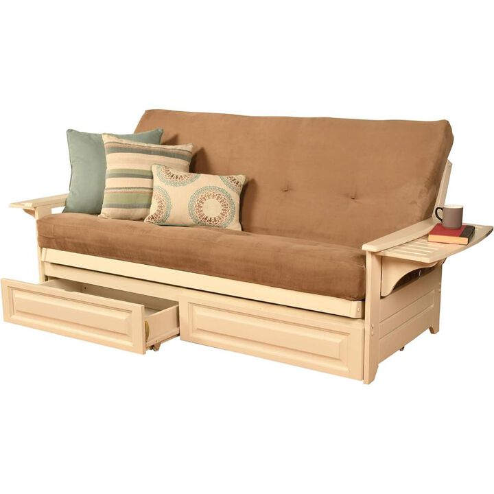 Phoenix Frame-Antique White Finish-Suede Peat Mattress-Storage Drawers