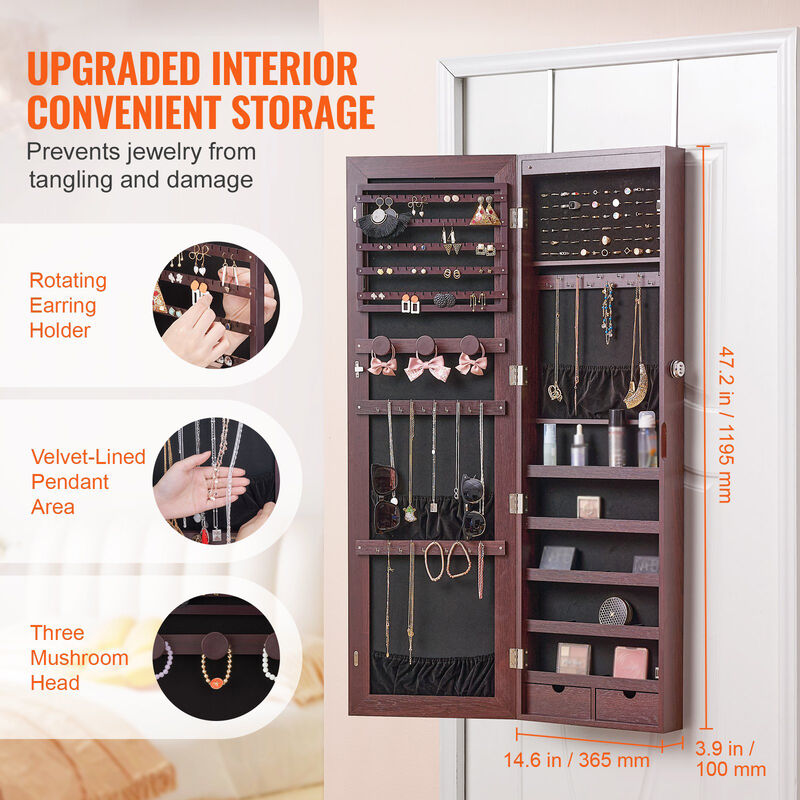 Lockable Mirror Jewelry Cabinet, Wall or Door Mounted Storage Armoire with Hooks & Shelves