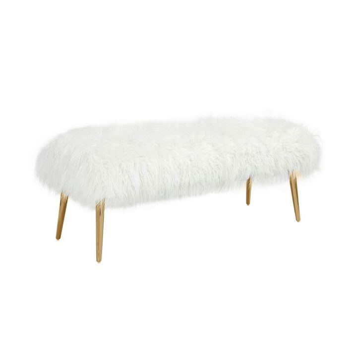 Ammy 45 Inch Bench, White Faux Fur Padded Seat, Glam Gold Metal Finish - Benzara