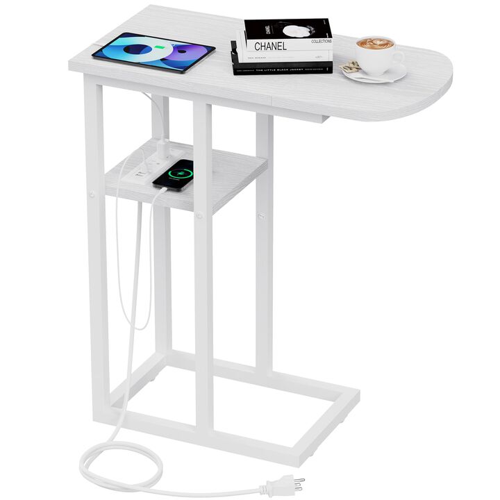 eiskah C Table End Table with Charging Station, Couch C Shaped Side Table for Living Room, Bedroom, Laptop Table with USB Ports