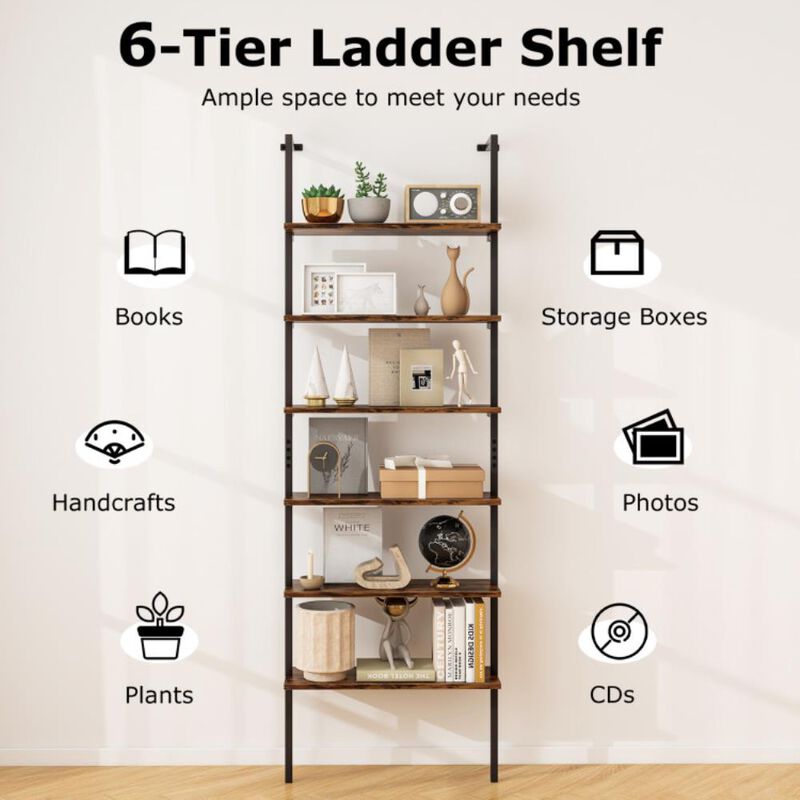 Hivvago 6-tier Ladder Shelf Industrial Wall Mounted Bookshelf