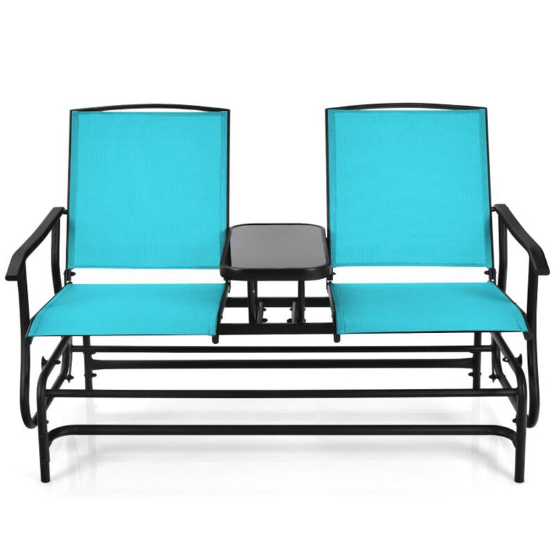 Hivvago 2-Person Double Rocking Loveseat with Mesh Fabric and Center Tempered Glass Table