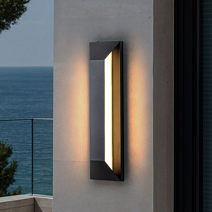 H22" Large Dusk to Dawn Modern Outdoor Wall Light 24W Integrated LED Exterior Wall Sconce with Black Trapezoid Design and Acrylic Shade for Garage Entryway