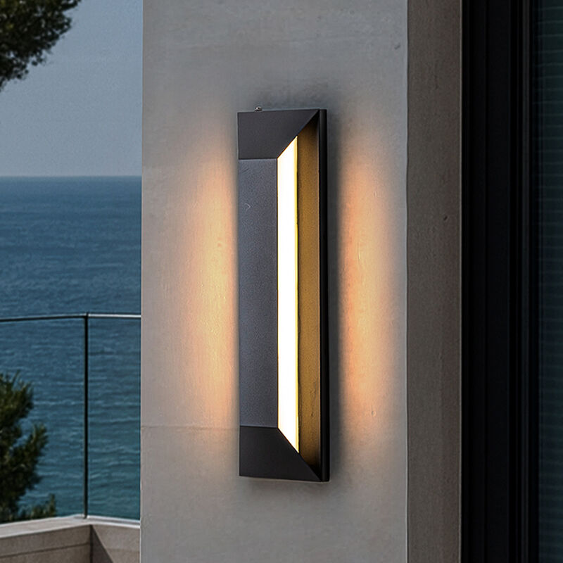 H22" Large Dusk to Dawn Modern Outdoor Wall Light 24W Integrated LED Exterior Wall Sconce with Black Trapezoid Design and Acrylic Shade for Garage Entryway image number 1