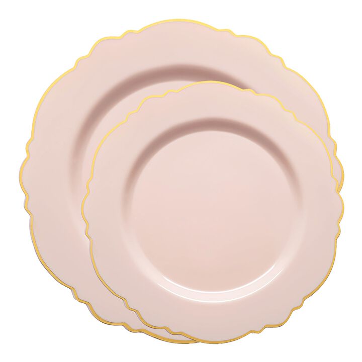 Pink with Gold Rim Round Blossom Plastic Dinnerware Value Set (40 Sets)