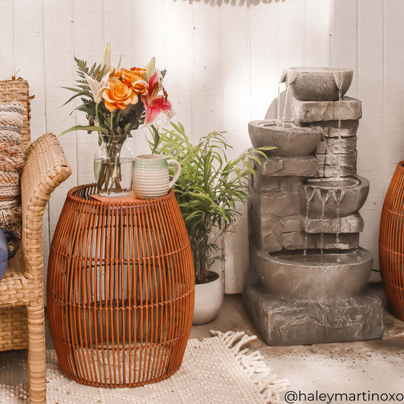 Teamson Home 20.24" Outdoor Open Weave Bohemian Bamboo Drum Side Table with Iron Top, Brown image number 4