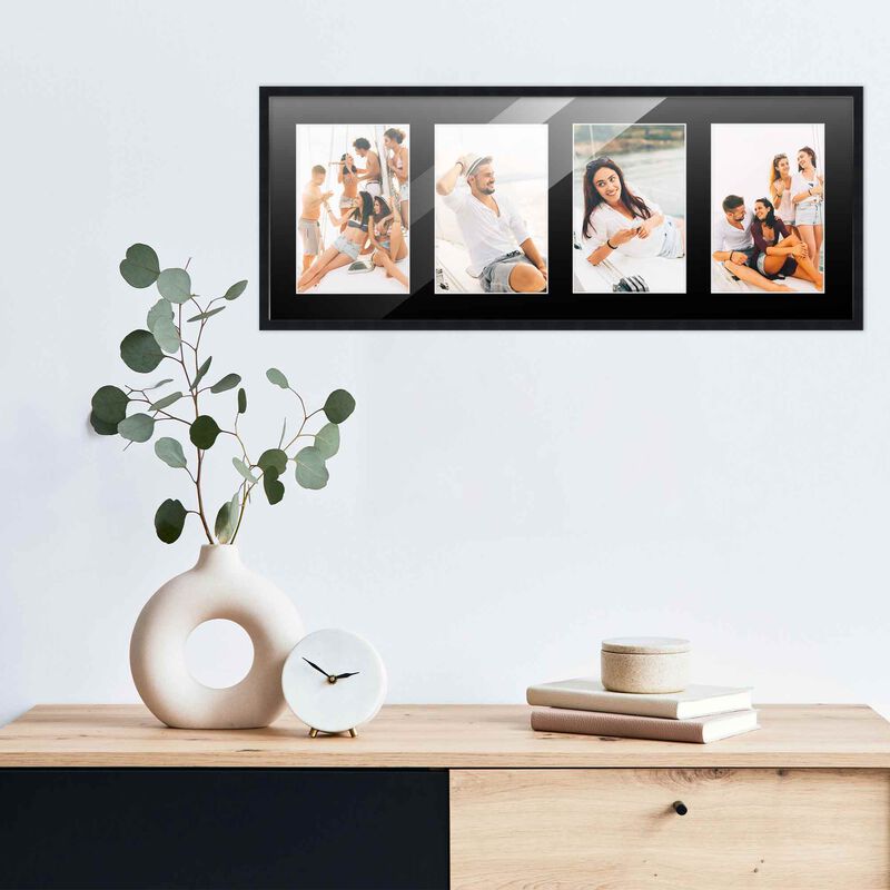7.5x19 Wood Collage Frame with Black Mat For 4 4x6 Pictures