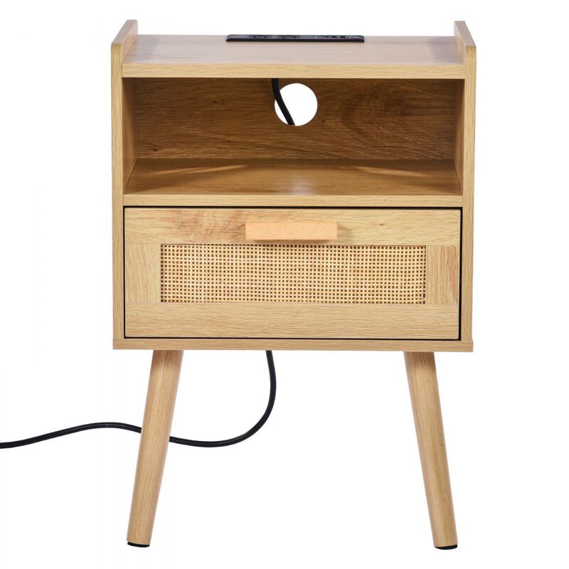 Rattan Nightstand End Table with Drawer Open Shelf Bedside Table