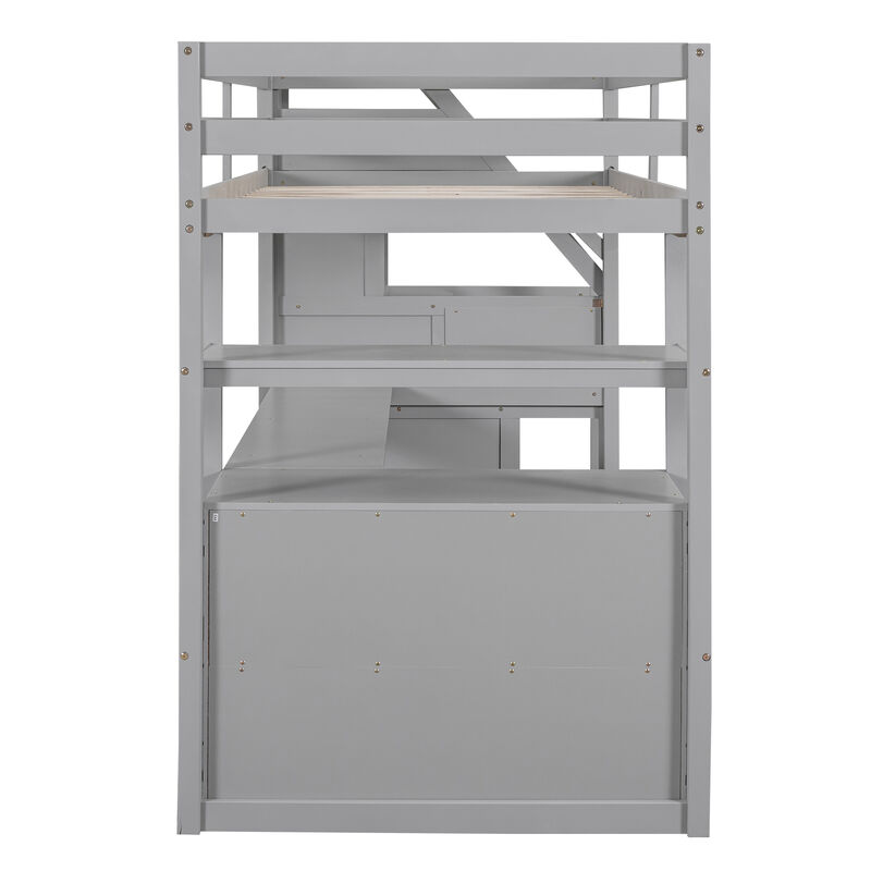 Merax  Loft Bed with Desk and Shelves, Two Built-in Drawers