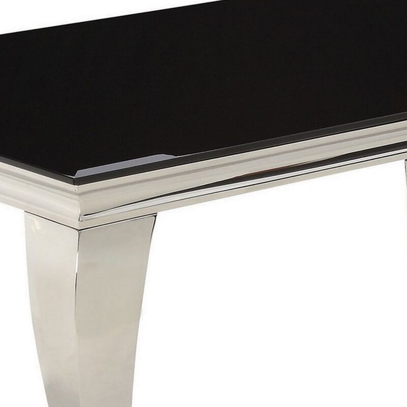 Dining Table with Glass Top and Metal Legs, Black and Chrome-Benzara
