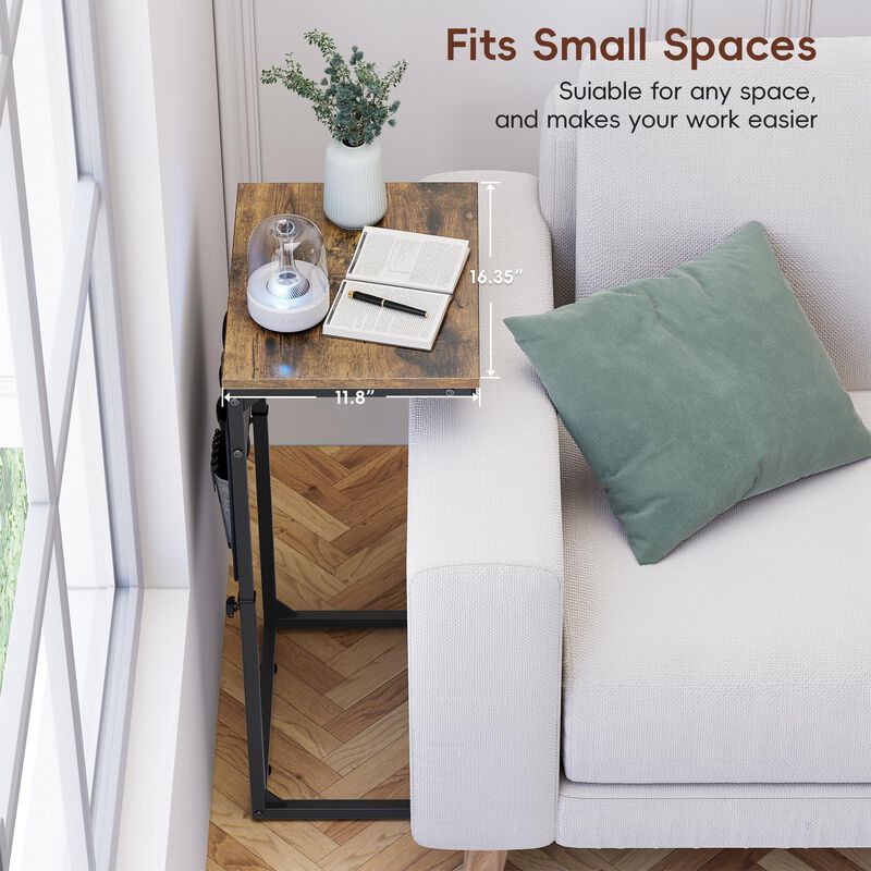 Vagusicc C Shaped End Table with Charging Station, 33"" Tall Side Table for Couch, Sofa Table Adjustable Height Small Couch Side