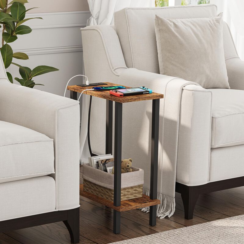 TUTOTAK Small End Table with Charging Station, Narrow Side Table with USB Ports and Outlets, Skinny Sofa Table, Slim Nightstand,