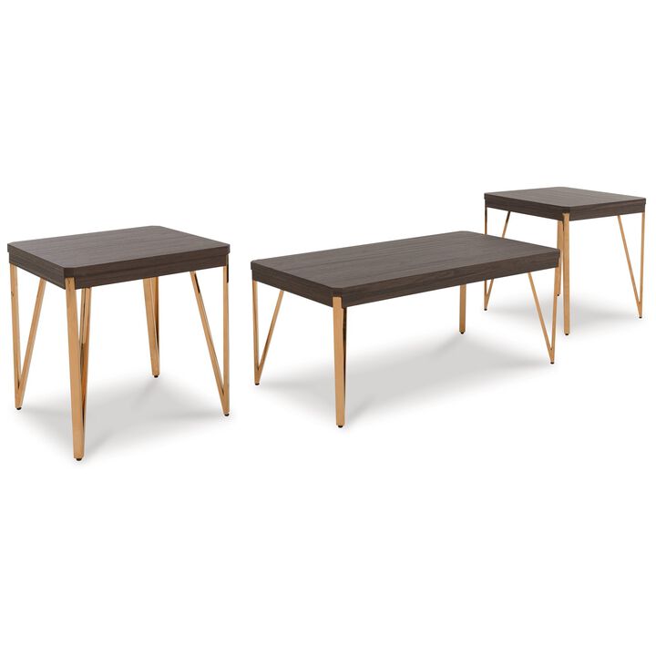 3 Piece Coffee and End Table Set, Steel Legs, Wood Grain Details, Brown-Benzara