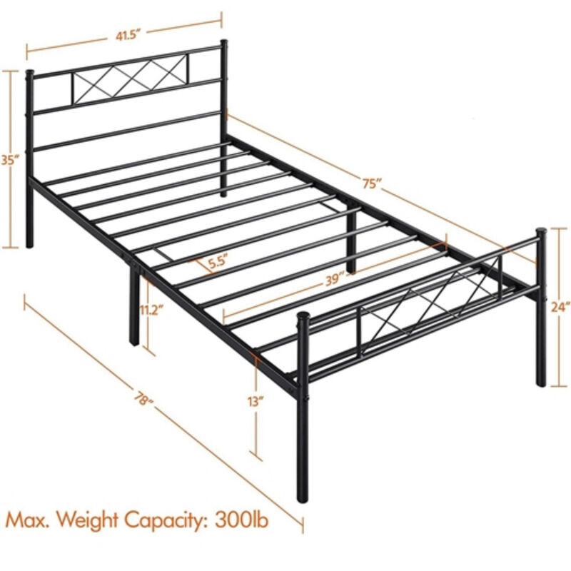 Traditional Powder Coated Slatted Metal Platform Bed for Bedroom Furniture