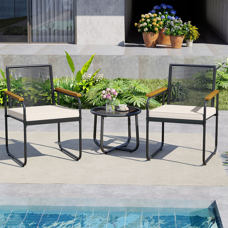 PE Rattan Patio Set, 3 Pieces with Chairs and Round Glass Table-White image number 1