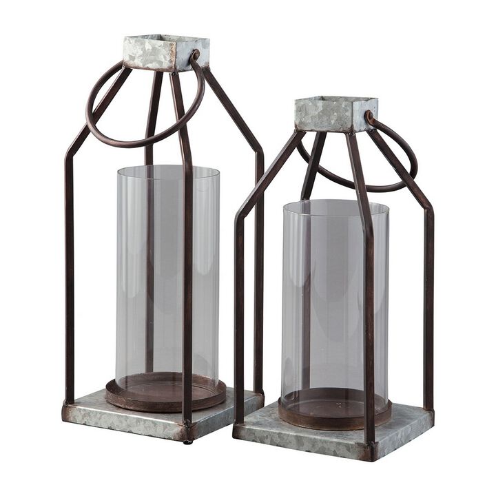 Geometric Lantern with Glass Hurricane, Set of 2, Black and Gray - Benzara
