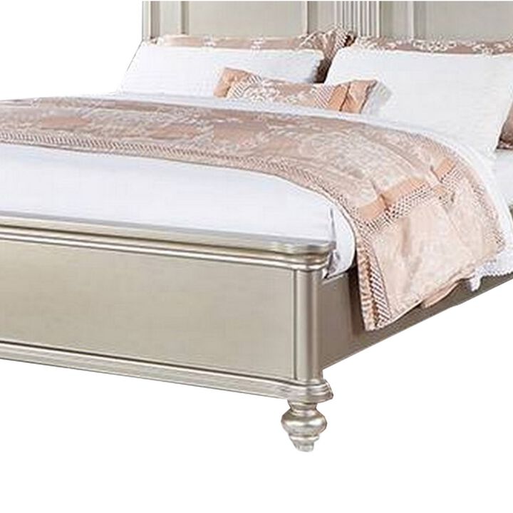 Opp Platform King Size Bed with Curved Panel Headboard, Champagne Silver - Benzara