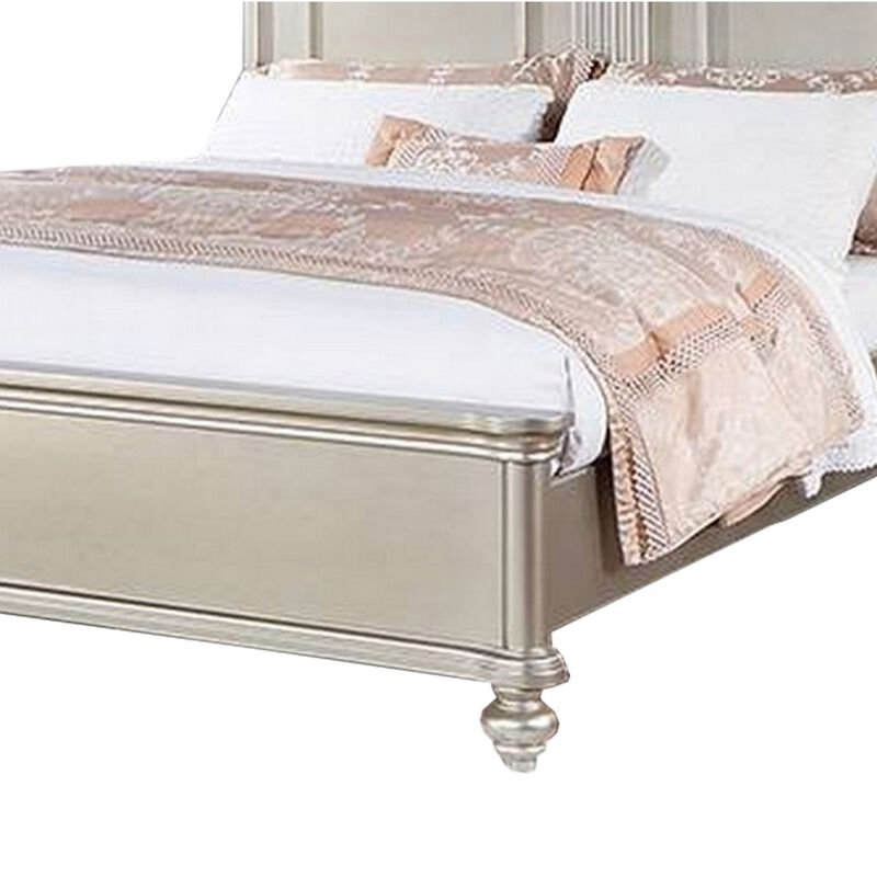 Opp Platform King Size Bed with Curved Panel Headboard, Champagne Silver - Benzara