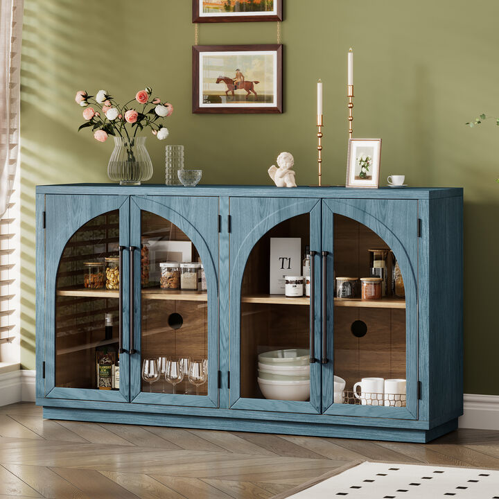 TREXM 4-Door Large Storage Sideboard Buffet Cabinet with Glass Doors, Arched Cabinet with Adjustable Shelves for Kitchen, Dining Room and Living Room (Navy)